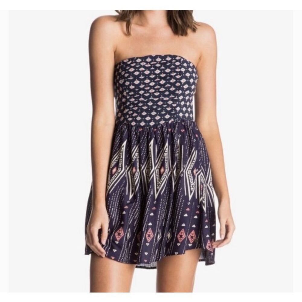 Roxy Strapless Navy Aztec Print Sundress